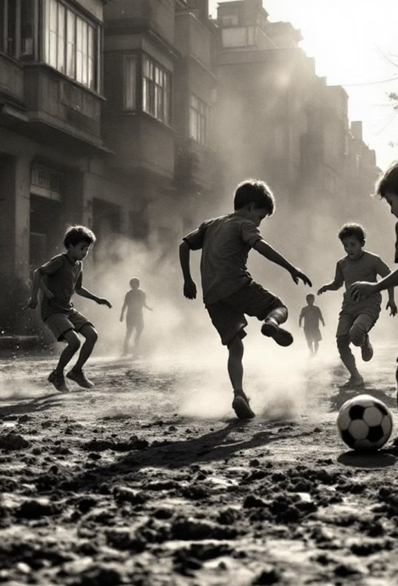 Niños jugando fútbol barrio
